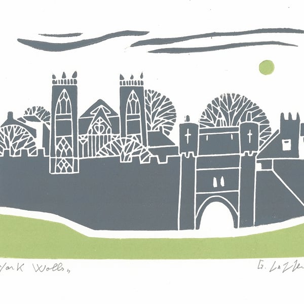 York Walls, Original Linocut, Lino Print by Giuliana Lazzerini