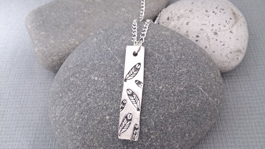 Feather Pendant, Hand Stamped