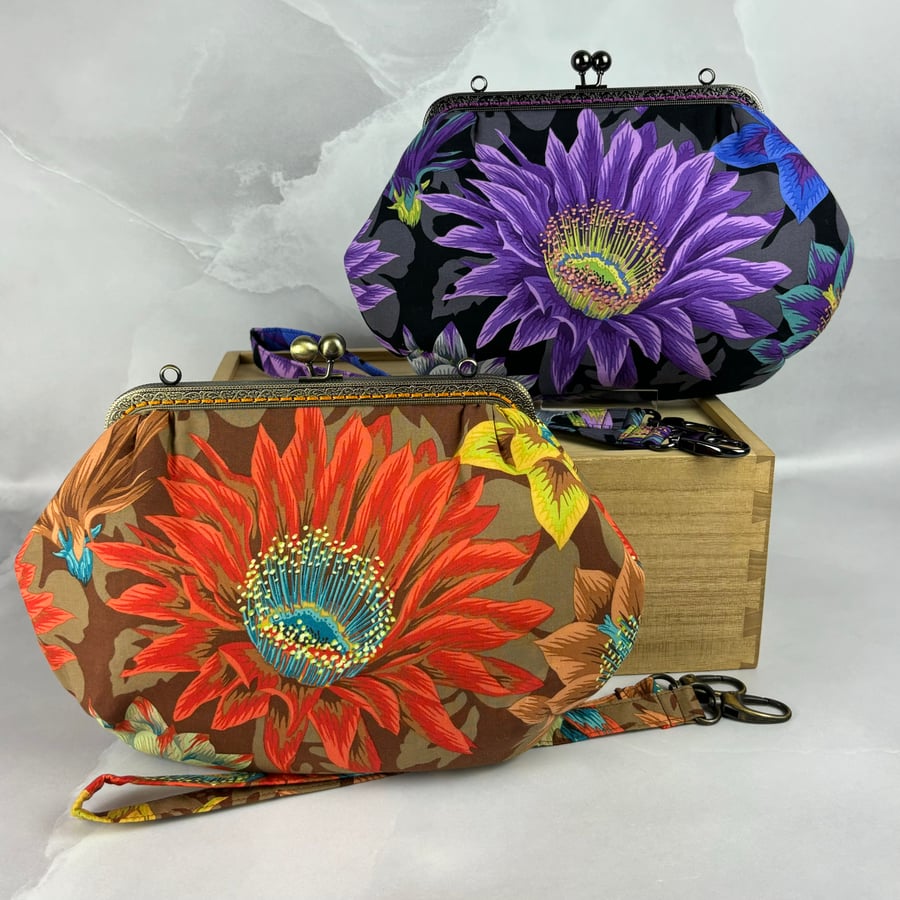 Floral medium clutch bag, Detachable strap, 2 colour options, Handmade