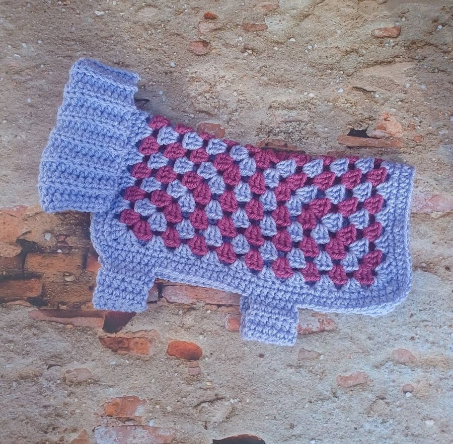 Small dog coat, purple granny square crochet pet sweater