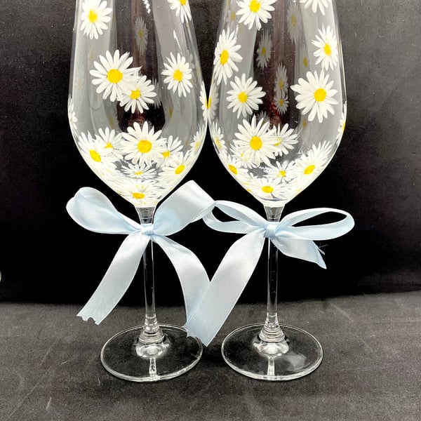 Personalised Wine Glass Hand Painted with Daisy Design Sets Available.