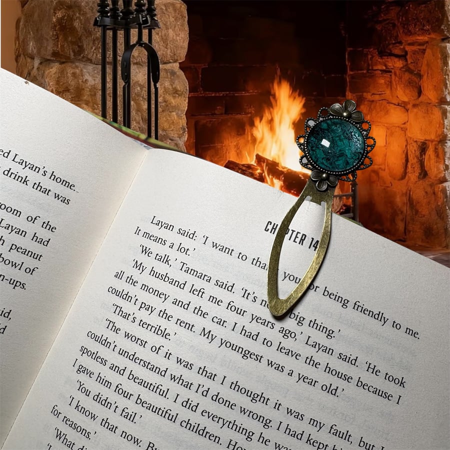 Bookmark, an antique bronze setting with teal coloured wool & silk felt feature