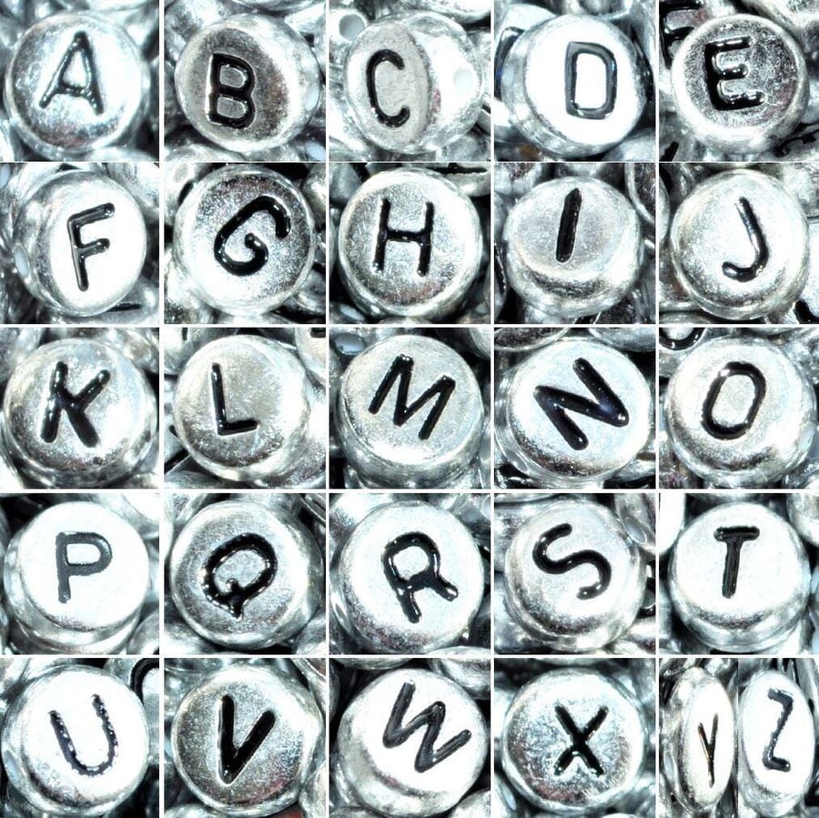 Image of 7mm Silver Acrylic Alphabet Beads, Flat Round Mixed & Single Letters