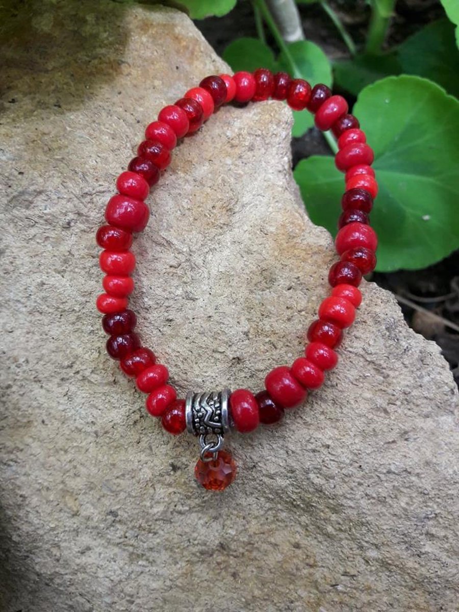 Bright Red Stretch Bracelet with crystal charm - REDUCED