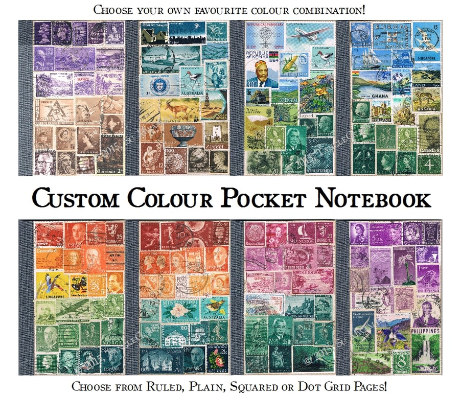 Pocket Travel Journal, A6 Notebook, Custom Colour upcycled postage stamp collage