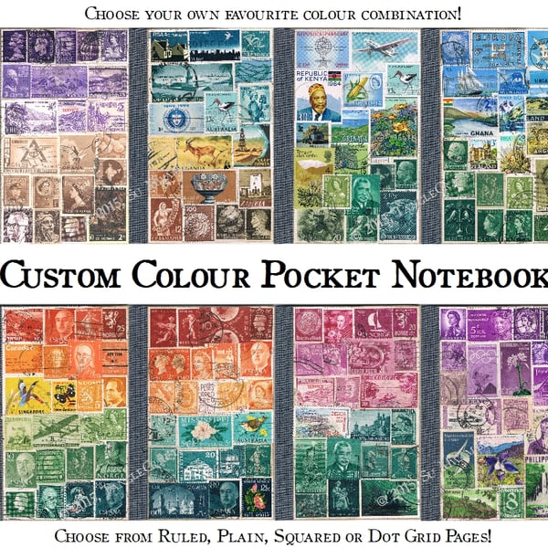 Pocket Travel Journal, A6 Notebook, Custom Colour upcycled postage stamp collage