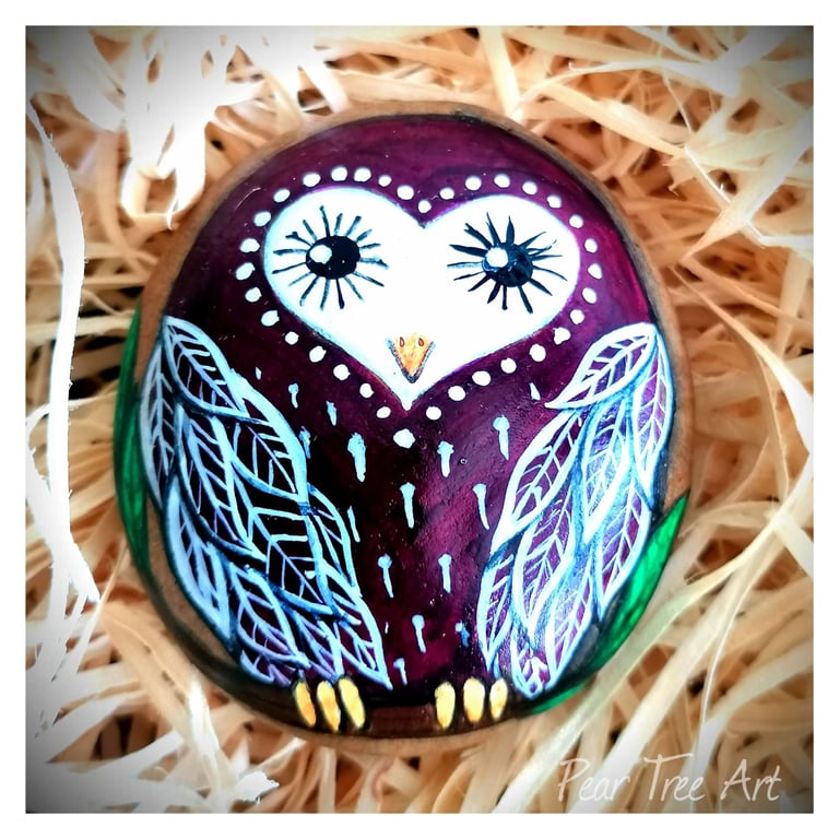Purple Owl Rock Art, Hand Painted.