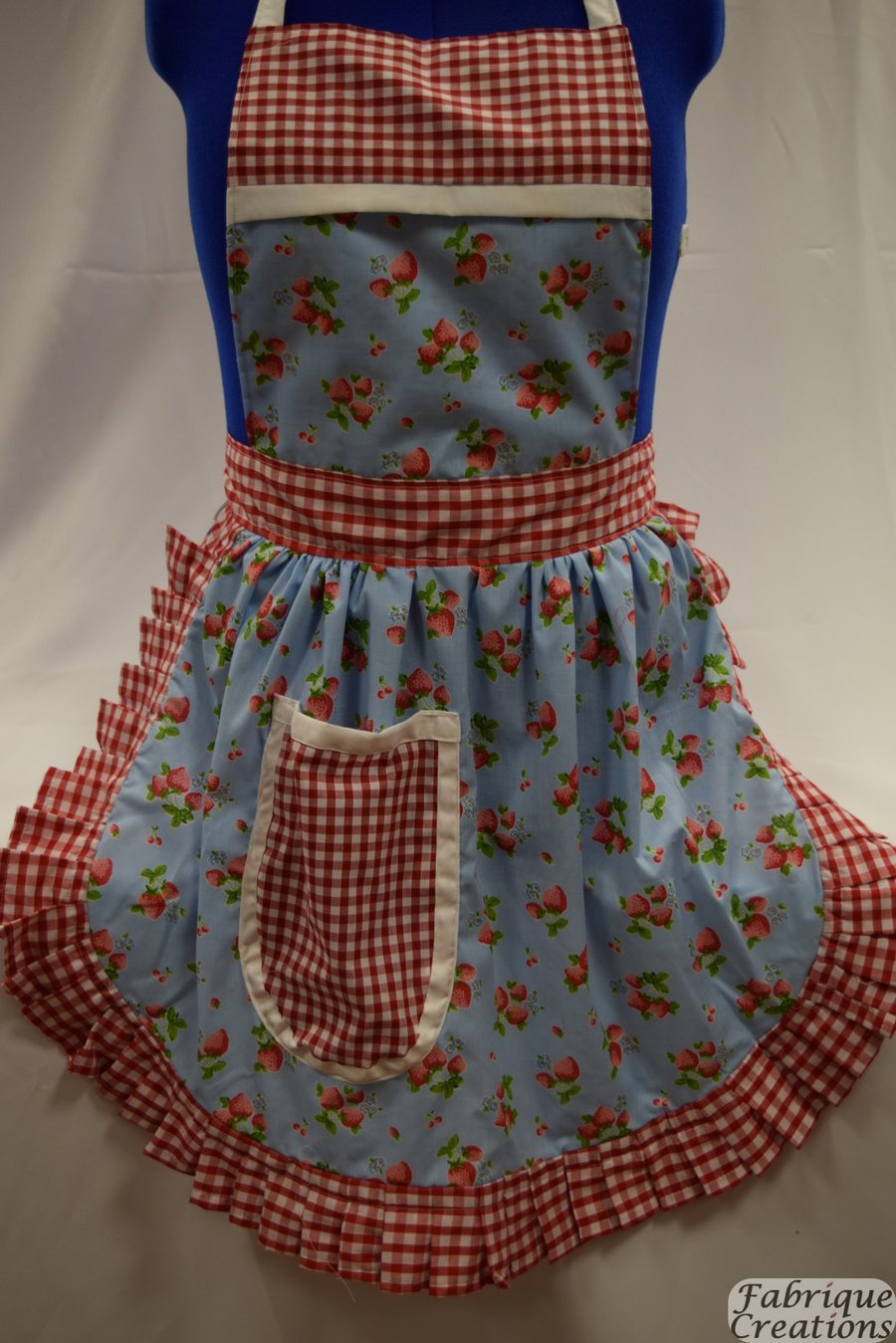 Vintage 50s Style Full Apron Pinny - Sky Blue with Strawberries with Gingham Tri