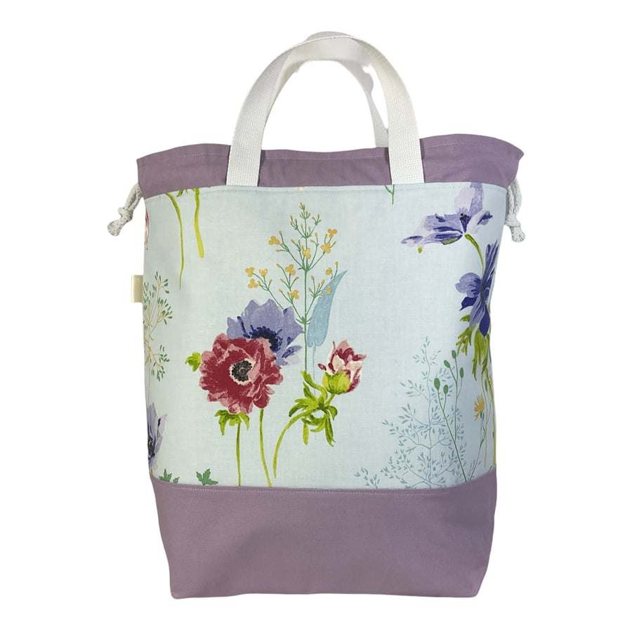 Extra Large canvas drawstring knitting bag with floral print, multi pockets proj