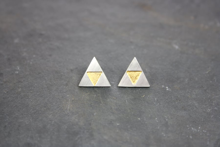 Geometric Silver Triangle Stud Earrings with Gold Leaf Details