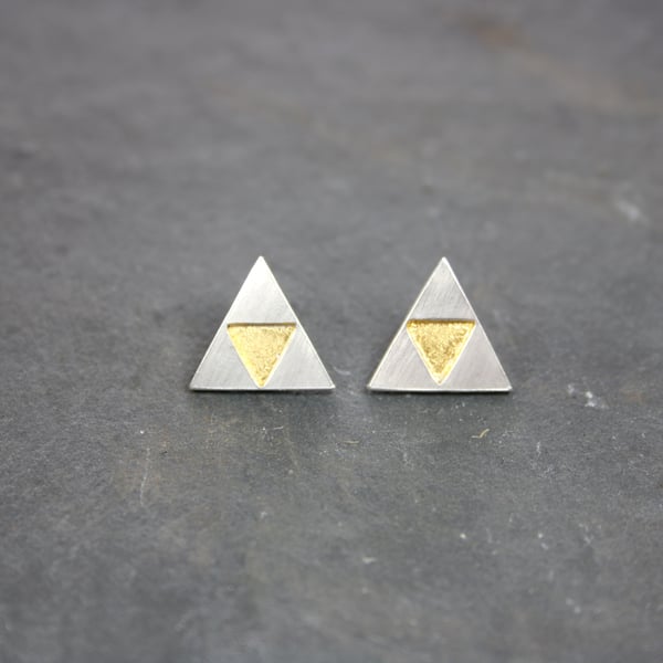 Geometric Silver Triangle Stud Earrings with Gold Leaf Details
