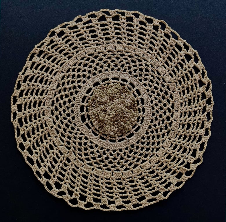 Hand stitched vintage doily embroidery art