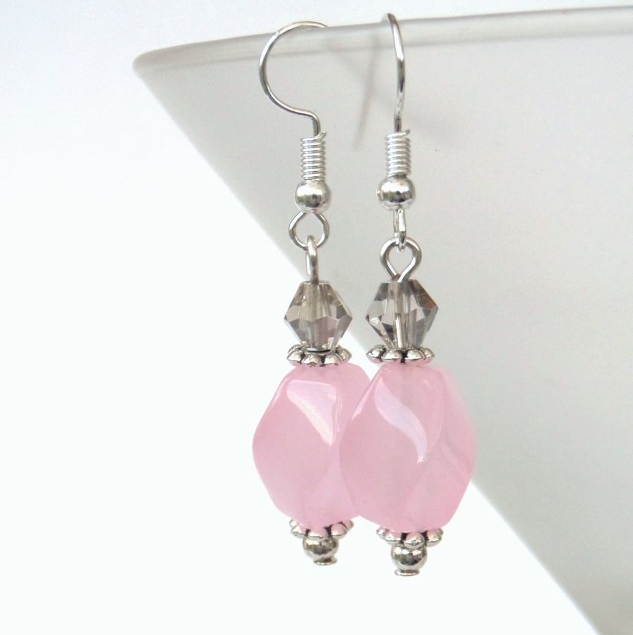 Pale pink jade and crystal earrings