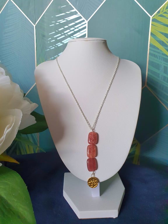 Strawberry quartz pendant sterling silver 18 inch necklace 