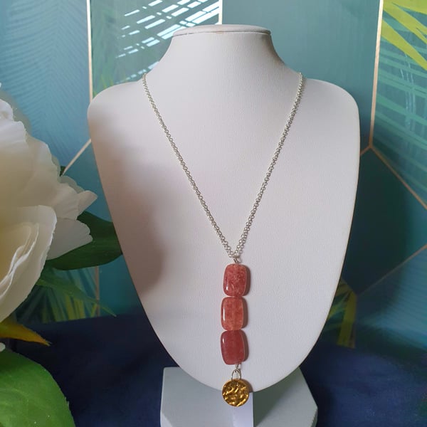 Strawberry quartz pendant sterling silver 18 inch necklace 