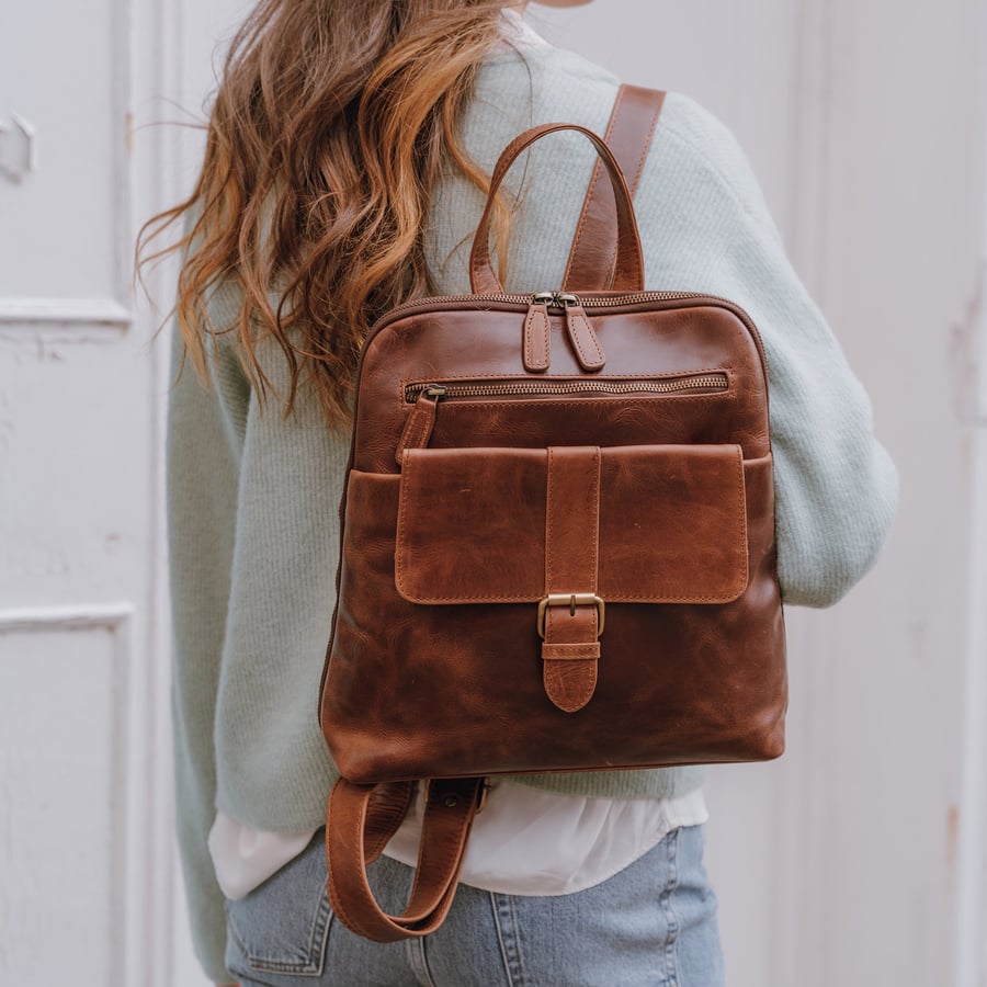 Brown Leather Backpack with Front Pocket - Folksy