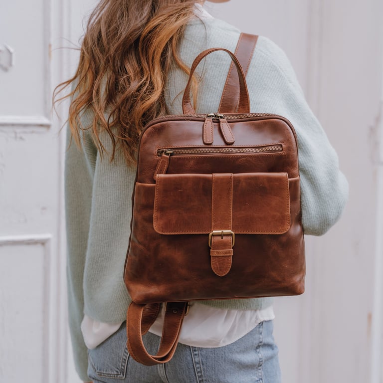 Brown Leather Backpack with Front Pocket