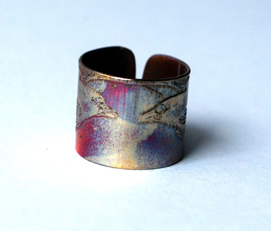 Etched copper raven ring - adjustable size