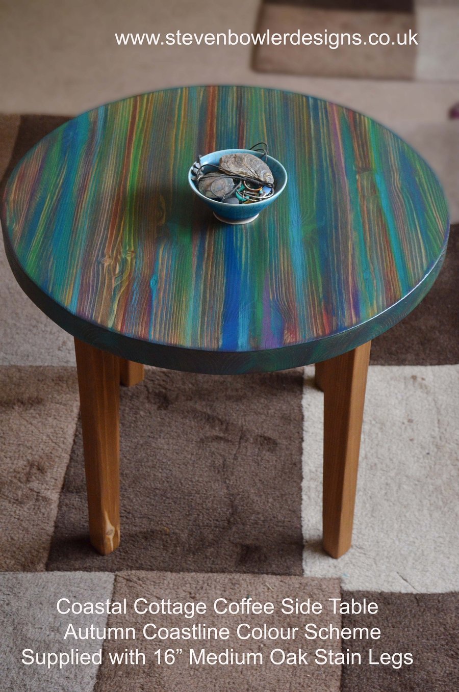 Bohemian Coffee Side Table Handmade Wood Top Unique Autumn Coastline Colours 
