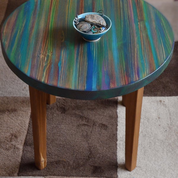 Bohemian Coffee Side Table Handmade Wood Top Unique Autumn Coastline Colours 
