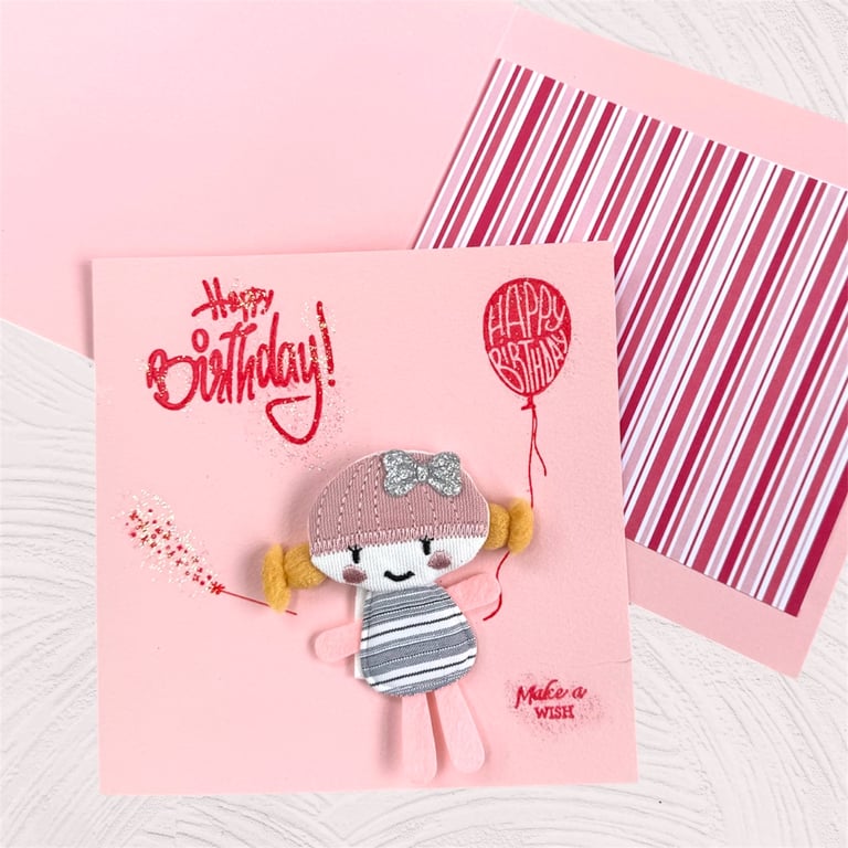 Birthday Card for Young Girl, twins, Fabric Doll with Glitter "Make a Wish" 