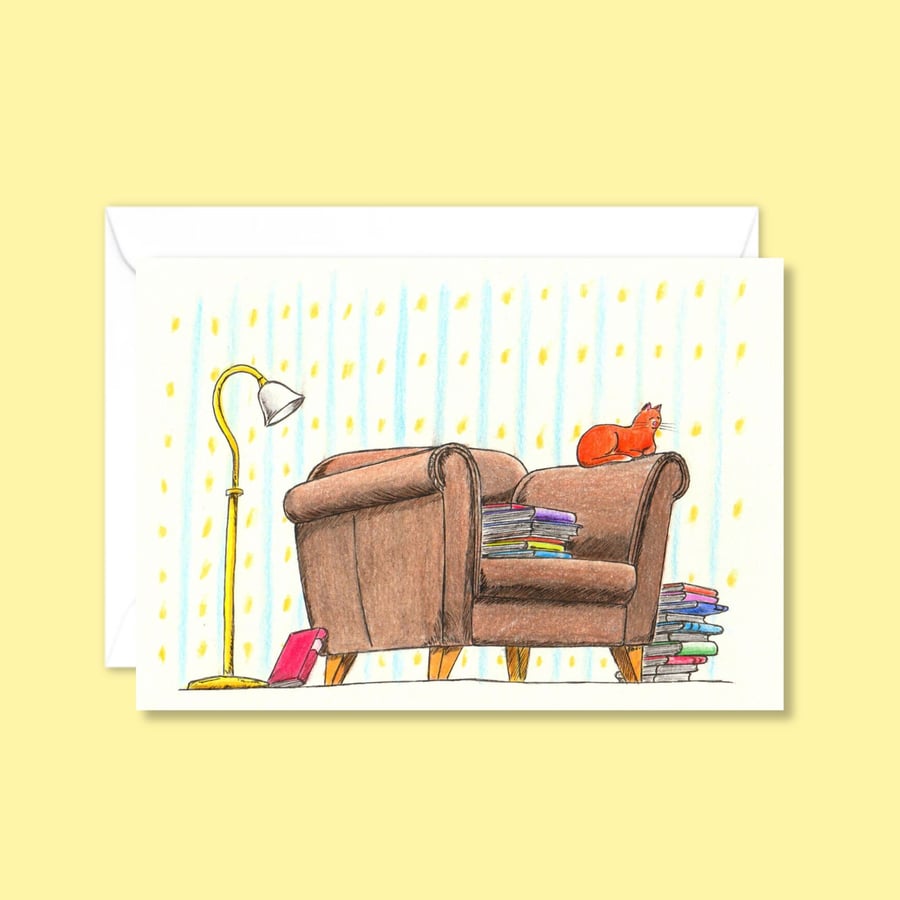 Bookish Cat Greeting Card: Hand Drawn Illustration of a Cosy Ginger Cat (116)