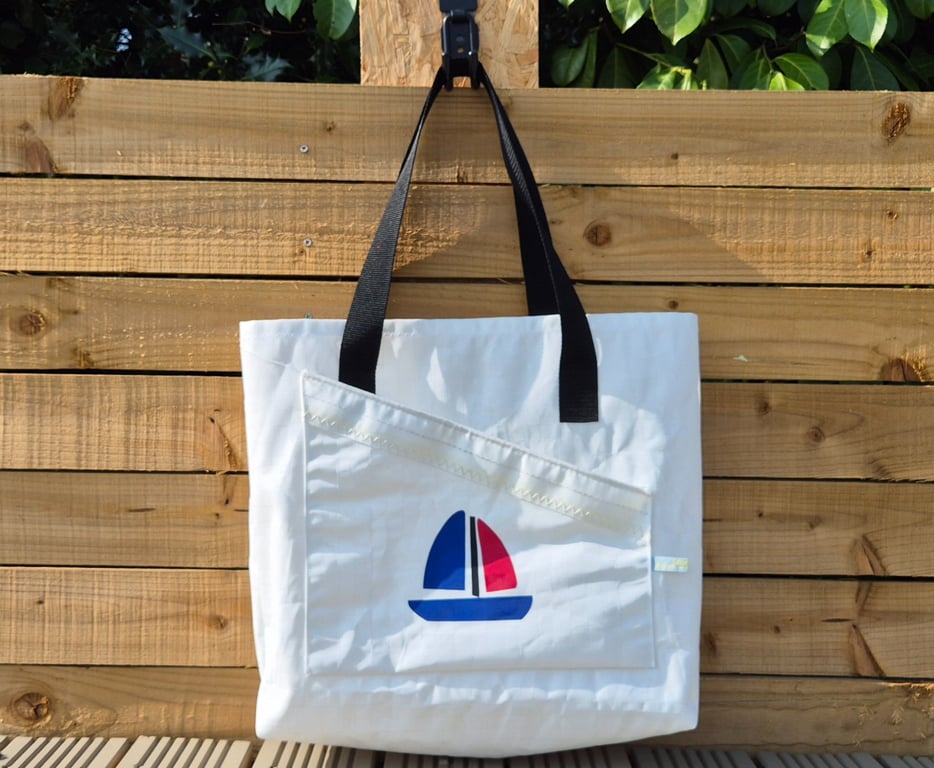 Upcycled Sailcloth Tote Bag with Black Handles - Eco-Friendly Everyday Shopper
