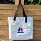 Upcycled Sailcloth Tote Bag with Black Handles - Eco-Friendly Everyday Shopper