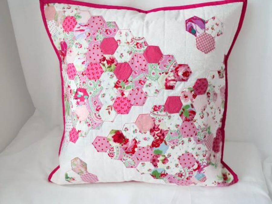 large pink patchwork hexagon cushion cover, feminine bedroom accent pillow slip