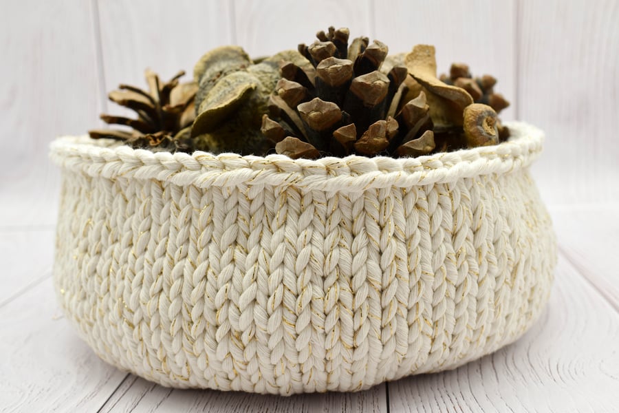 Hand Knitted cotton bowl - cream with gold thread