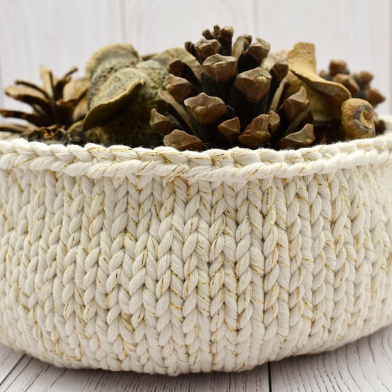 Hand Knitted cotton bowl - cream with gold thread