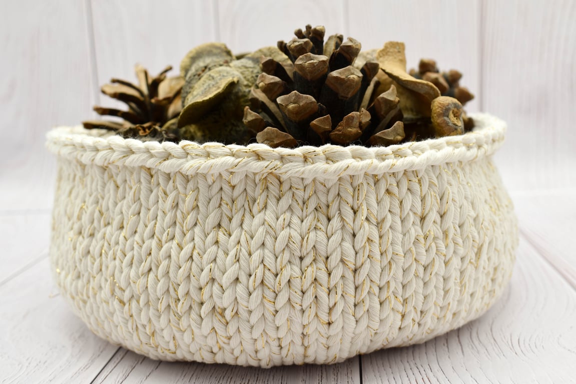 Hand Knitted cotton bowl - cream with gold thread