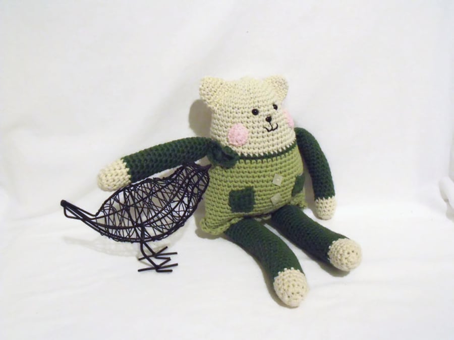 cute crocheted cat teddy, amigurumi green cat rag doll for all you cat lovers