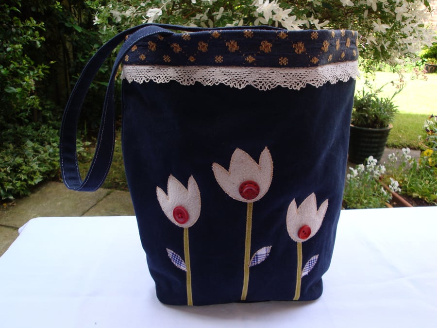 SALE   Navy Canvas  Bucket Shoulder Bag - Appliqued Tulips  - Zip Pocket .