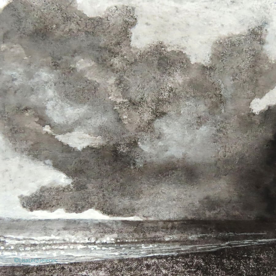 Mixed media black and white storm cloud coastal beach scene