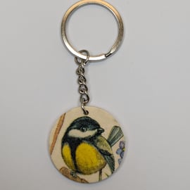 Great tit garden bird, wooden keyring, gift for a bird lover