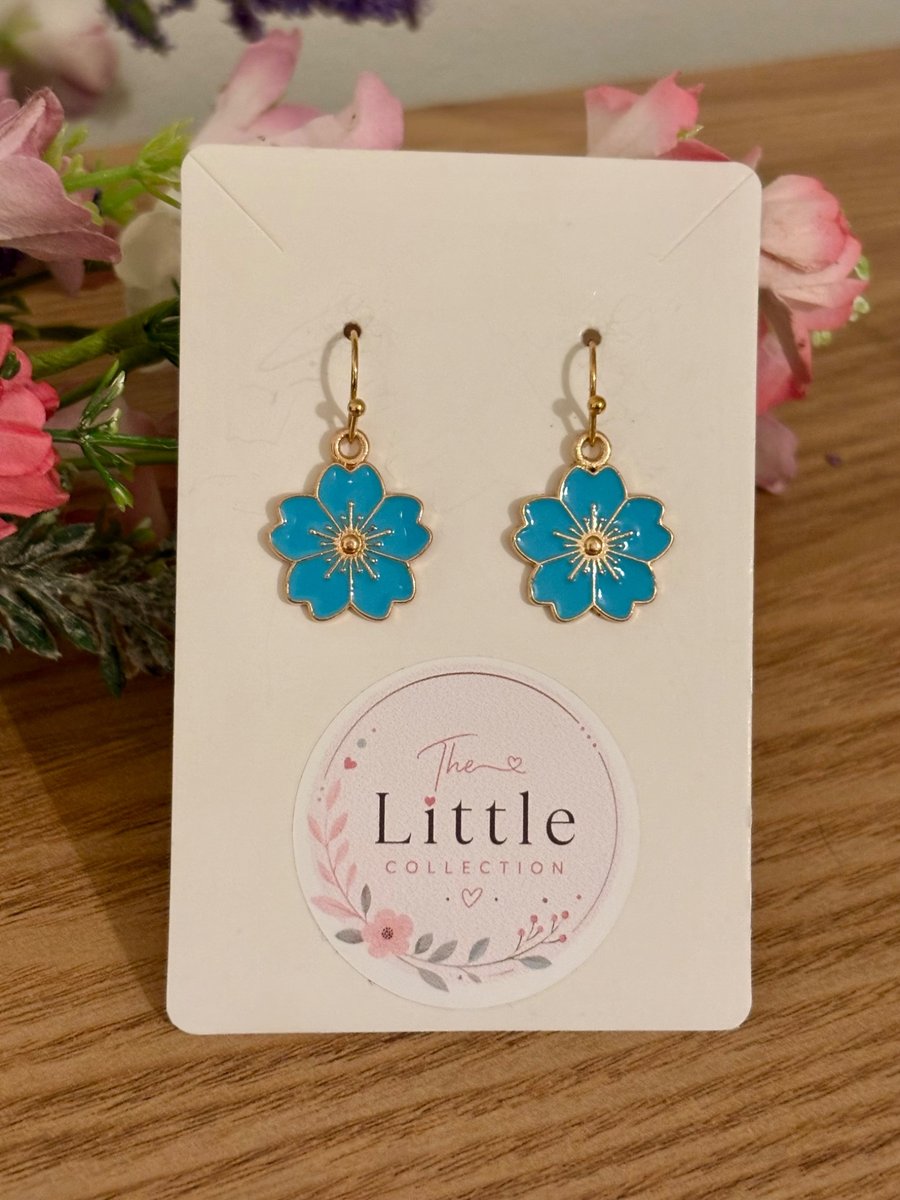 Blue Cherry Blossom Dangle Earrings, Sakura Charms, Handmade Jewellery