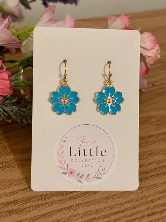 Blue Cherry Blossom Dangle Earrings, Sakura Charms, Handmade Jewellery