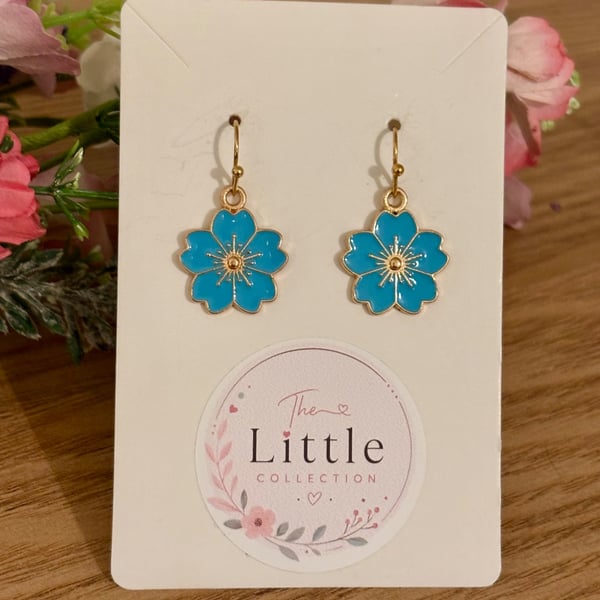 Blue Cherry Blossom Dangle Earrings, Sakura Charms, Handmade Jewellery