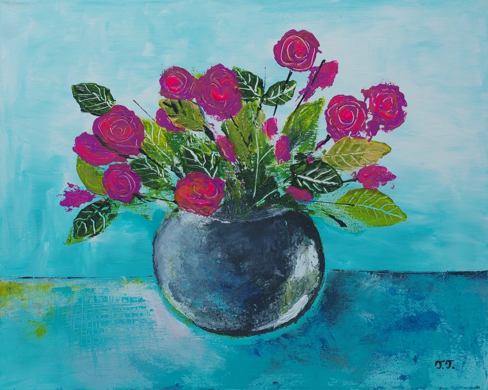 Purple Beauty, Still Life Floral Painting, Rose Artwork in Acrylic