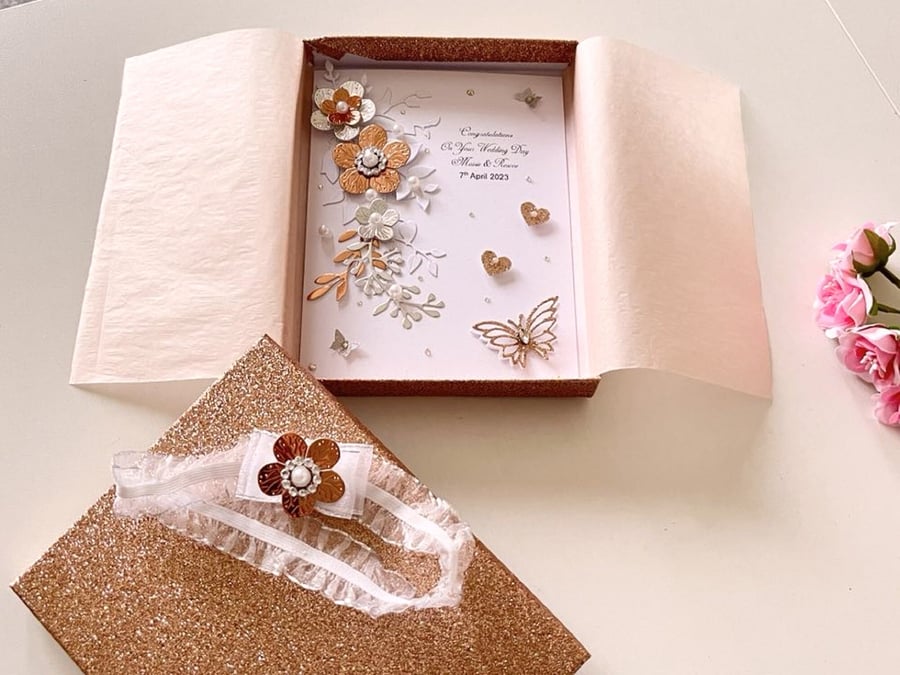 Luxury Handmade Personalised Wedding Card, 3D Flower Wedding Card  C099