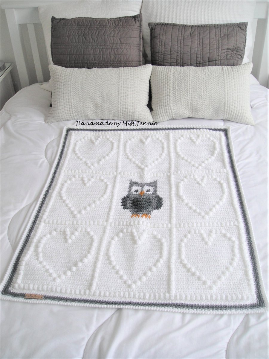 Crochet Owl baby blanket, White blanket, Cot Blanket, Stroller Blanket