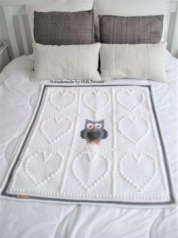 Crochet Owl baby blanket, White blanket, Cot Blanket, Stroller Blanket