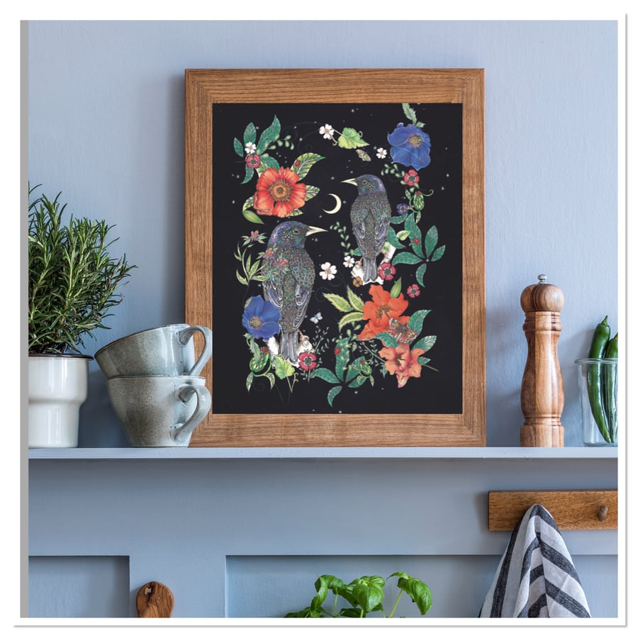 Starling and Starry sky Art print (unframed) 