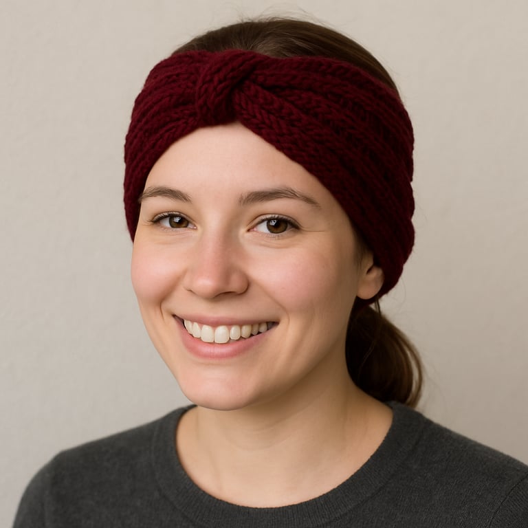 burgundy handknitted earwarmers ribbed pattern headband
