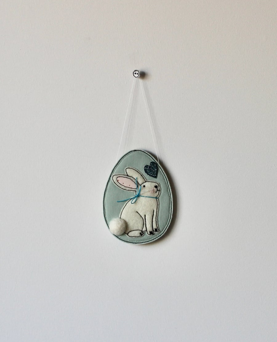 'Bunny on a Pale Green Egg with a Blue Glitter Heart 1' - Hanging Decoration