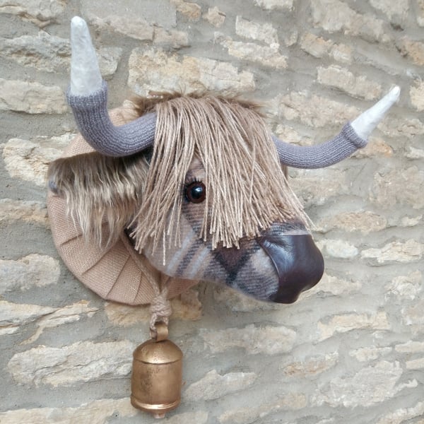 Faux taxidermy Mackellar tartan tweed Highland Cow animal head with bell