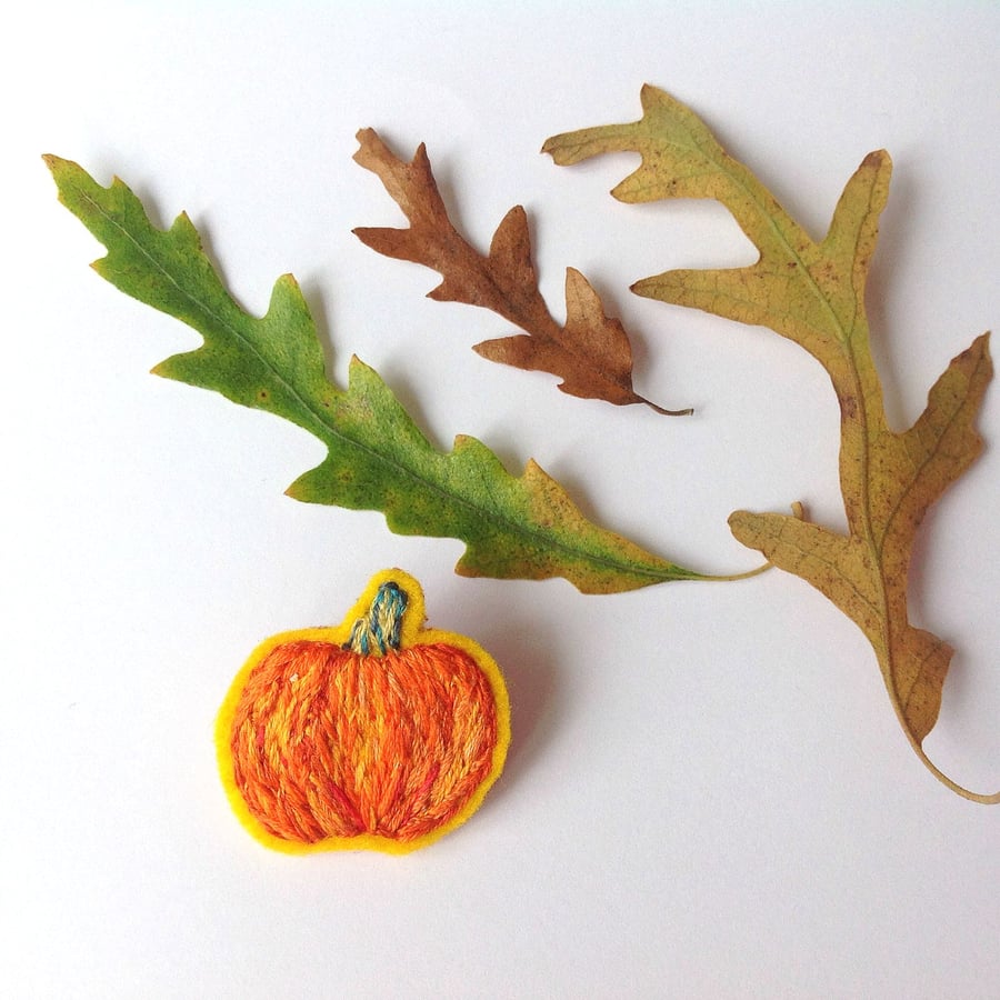 Brooch, Hand Embroidered Pumpkin