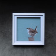 Wren on turquoise linen - framed original embroidered artwork, fabric applique