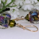 Lampwork Glass Bead Earrings: Soft Mauve and Green, Gold Filled Earwires